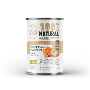 FRESH FARM Coarse, XS-XL, Pollo y calabaza, comida húmeda en lata sin cereales, (paté), 400g