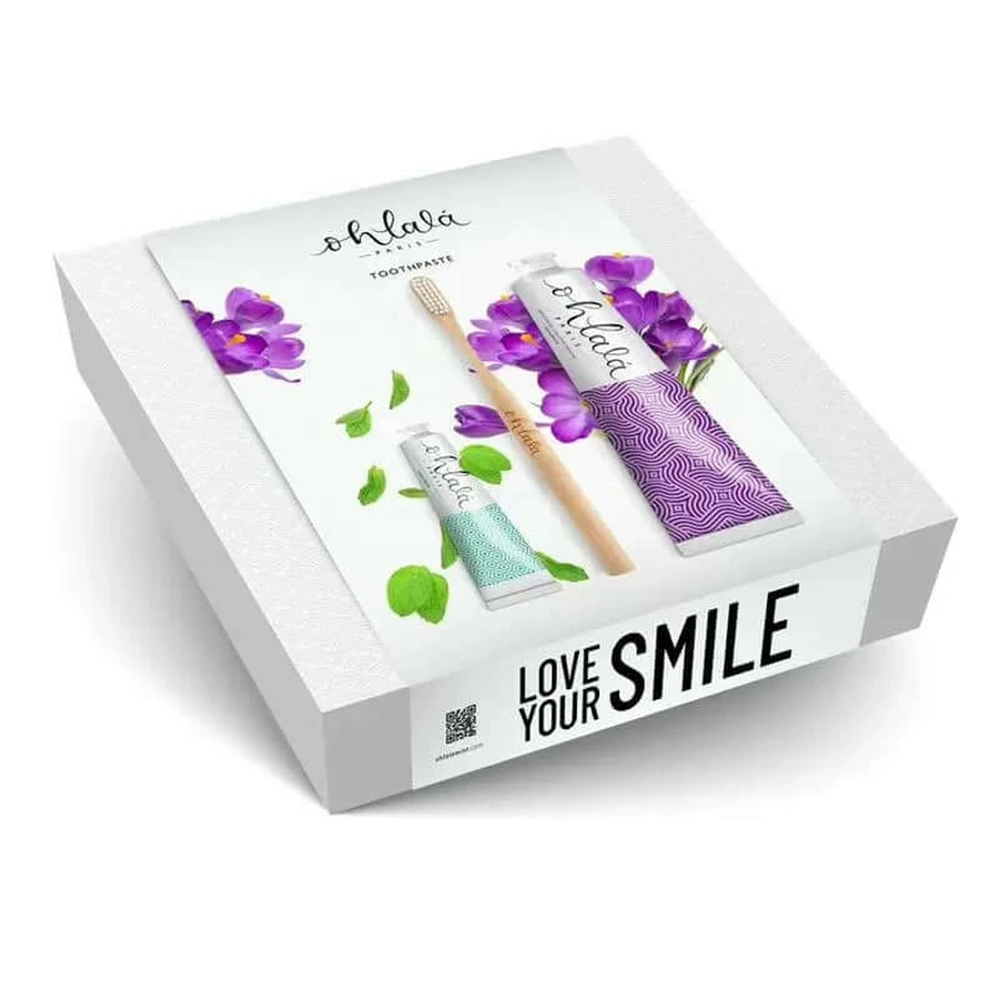 Pasta de dinți Ohlala "Cool Set" (Violet Mint 75 ml + Fresh Mint 15 ml + periuță de dinți din bambus)