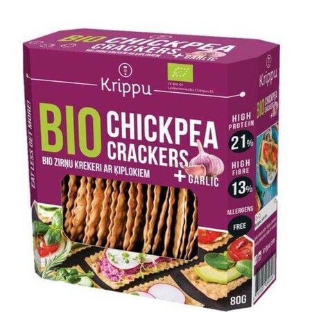 Crackers bio fara gluten cu naut si usturoi, 80 g, Krippu