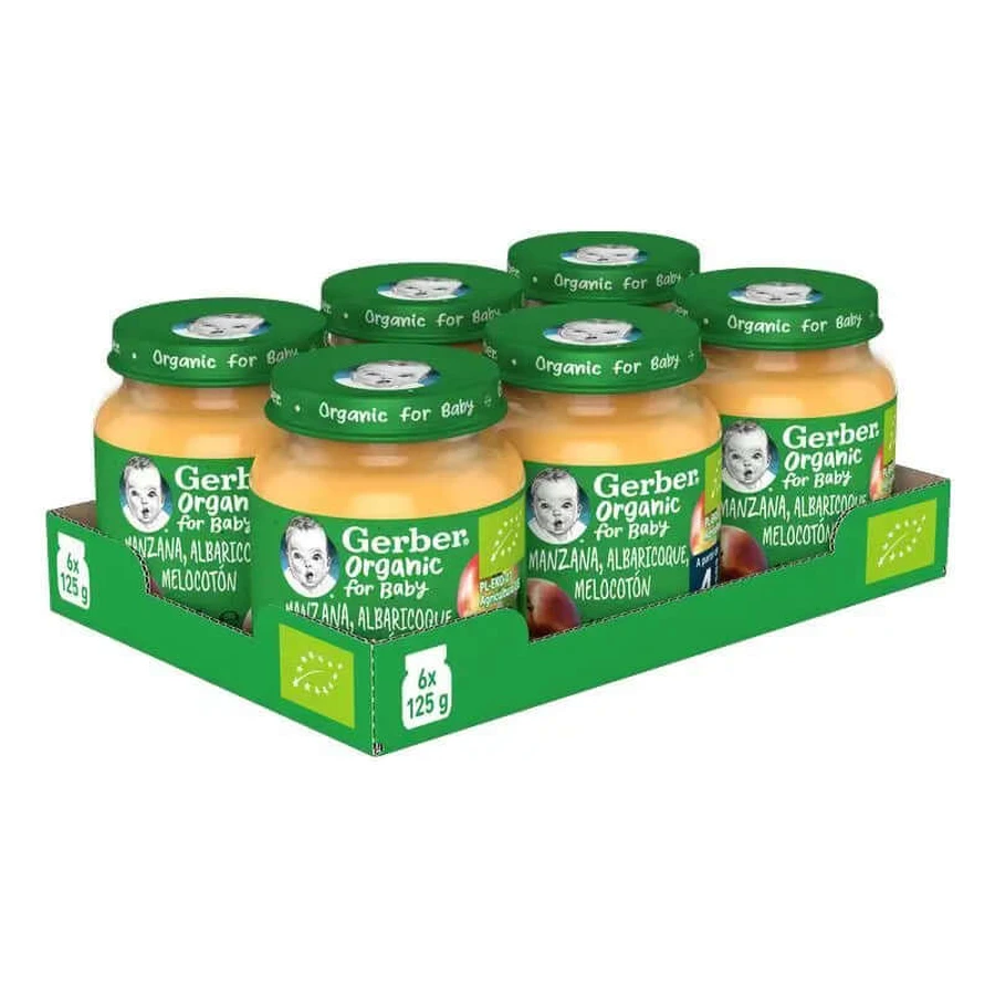 GERBER Pack Organic Apple, Apricot & Peach Jelly Jars, 125g x 6 unități