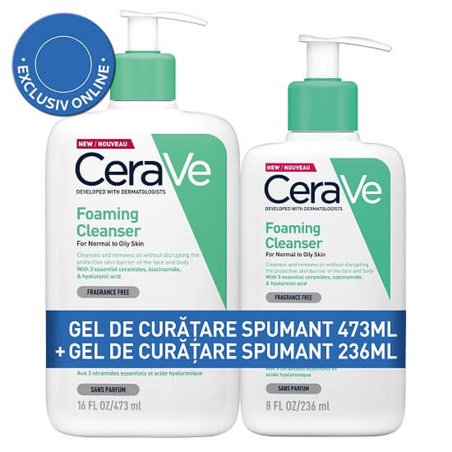 Pachet Gel de curatare spumant pentru piele normala-mixta 473 ml+ Gel de curatare spumat pentru piela  normala-grasa 236 ml, Cerave