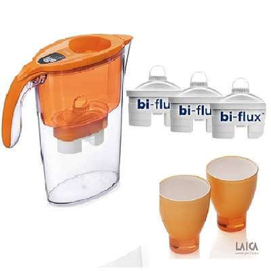 Set Cana filtranta cu 3 filtre si 2 pahare - Stream, orange, J947o, Laica