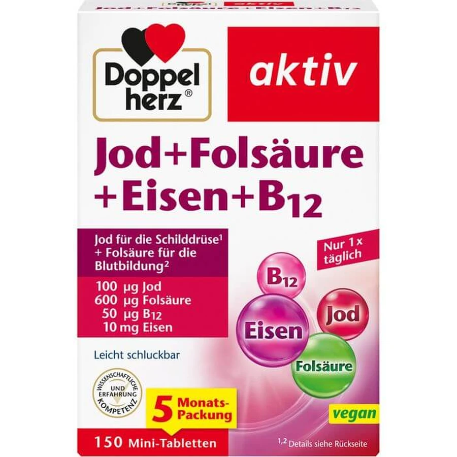 DOPPELHERZ Yodo+Ácido fólico+Hierro+B12 Comprimidos 150 Cápsulas