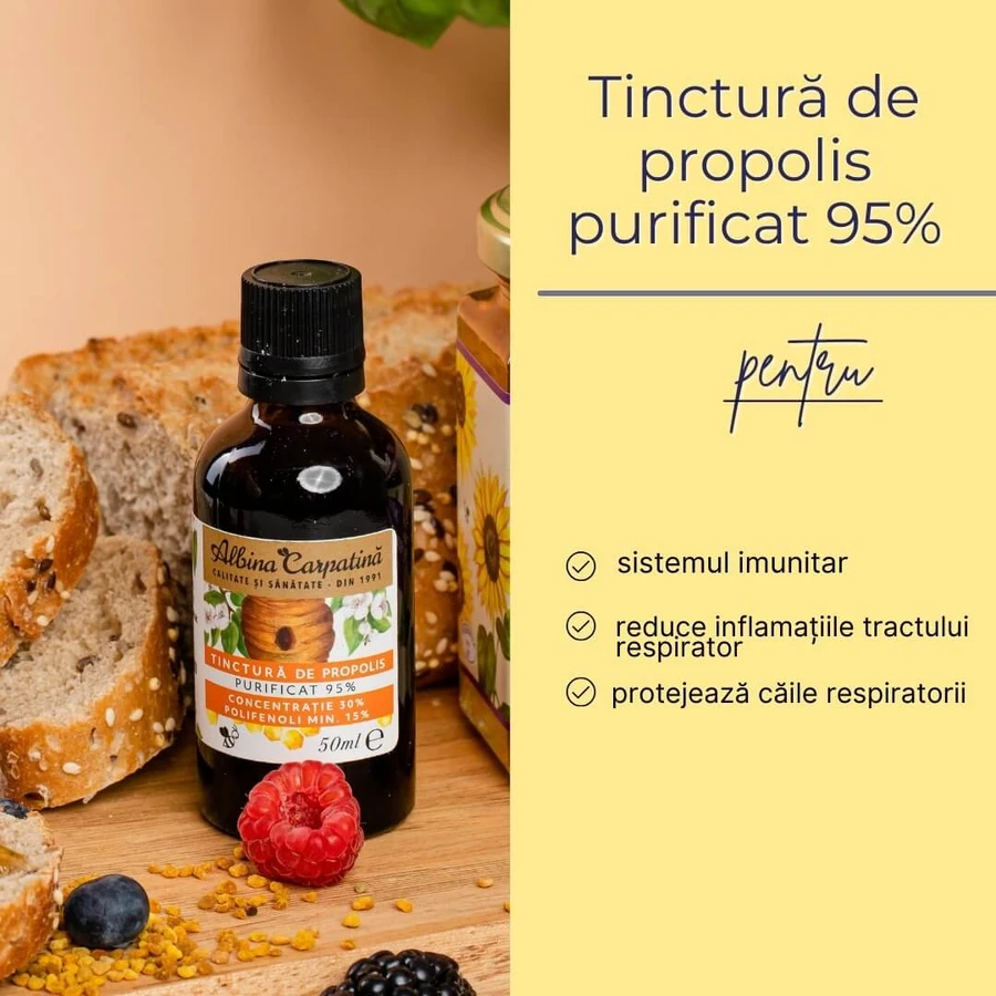 Purified propolis tincture 95%, min 15% polyphenols, 50 ml, Albina Carpatina