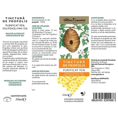Purified propolis tincture 95%, min 15% polyphenols, 50 ml, Albina Carpatina