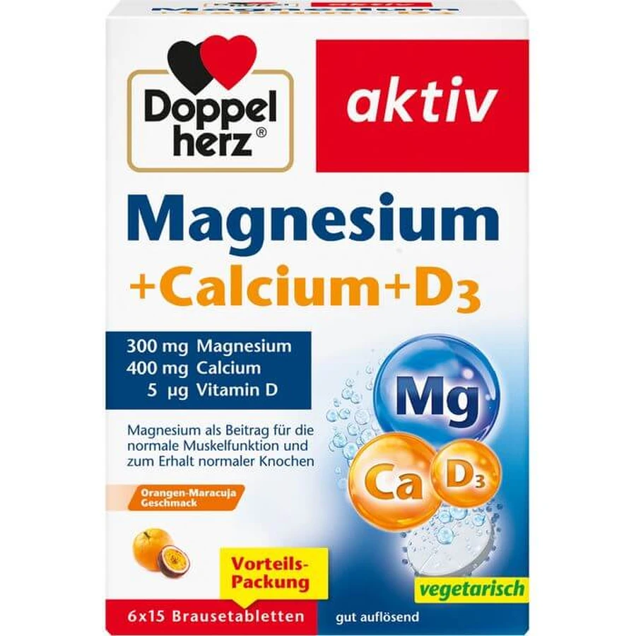 DOPPELHERZ Magnesium+Calcium+D3 Effervescent Tablets 90 Capsules