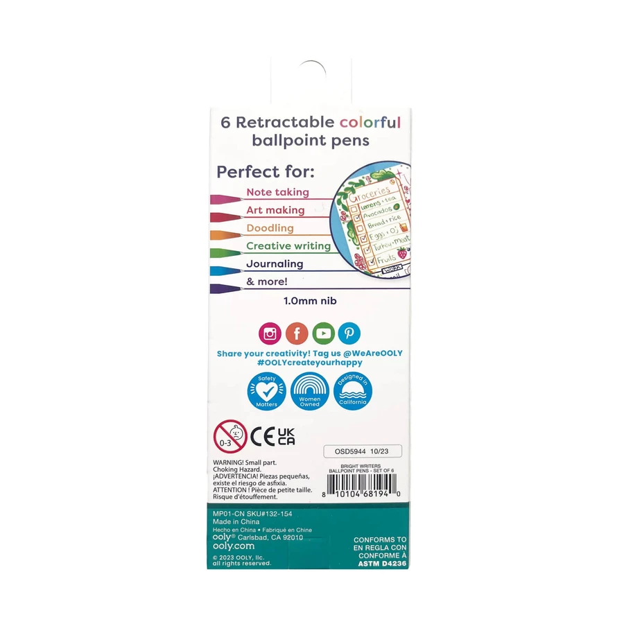 Stylos de couleur rétractables Bright Writers - set de 6