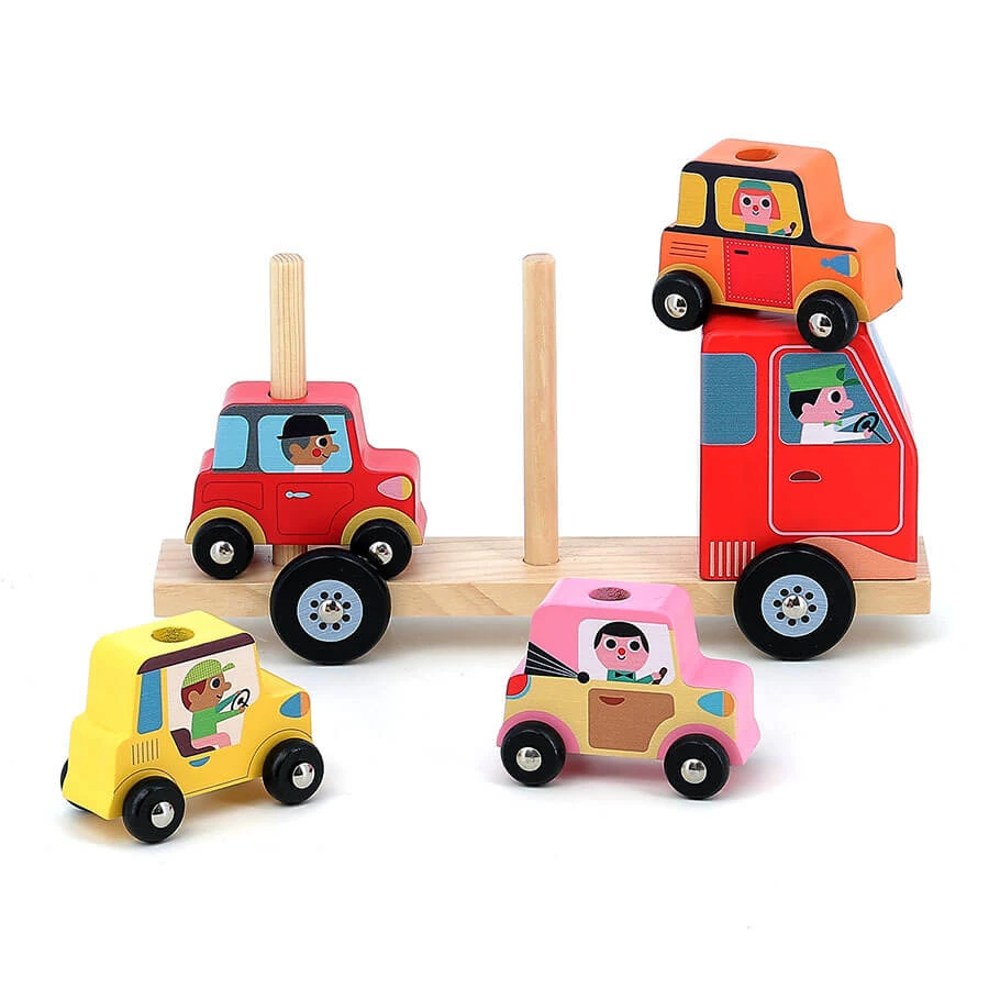 Camion avec 4 voitures - Jouet à empiler en bois - Vilac