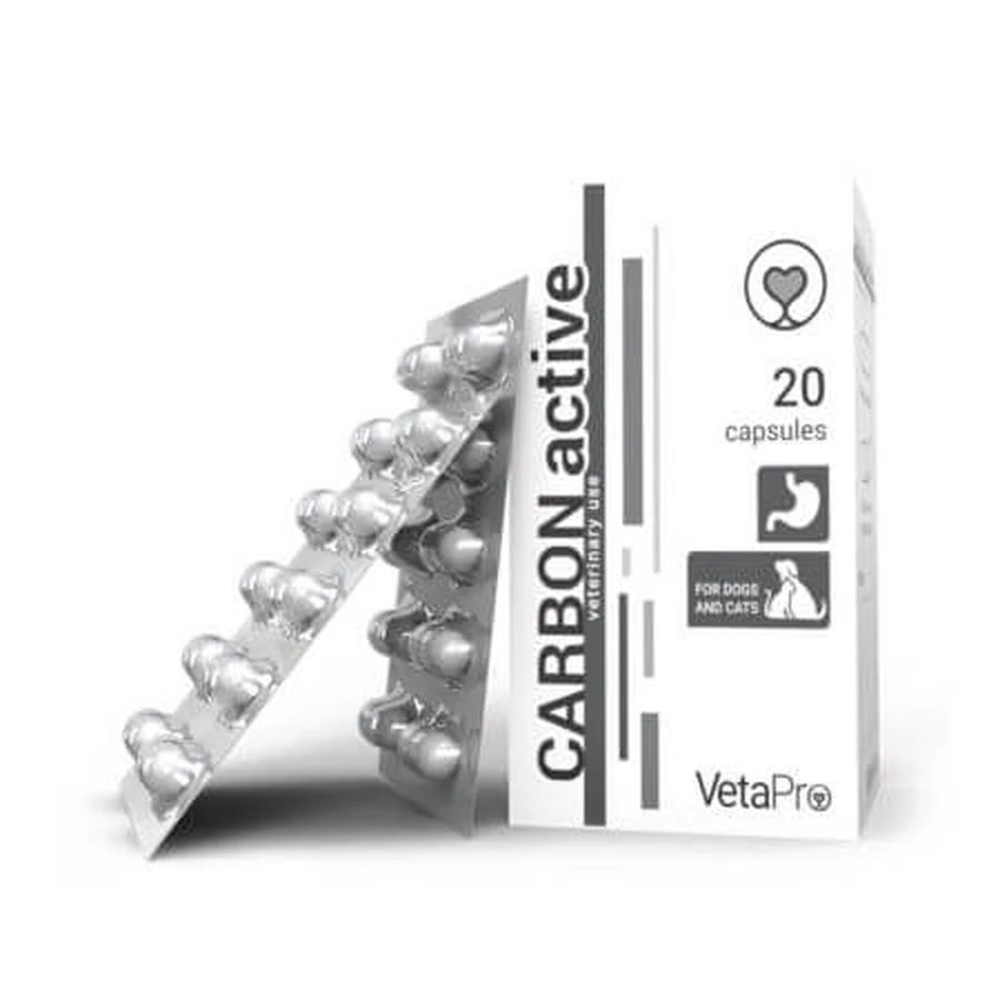 Verdauungsergänzungsmittel für Hunde und Katzen Carbon Active, 250 mg, 20 Kapseln, Vetapro