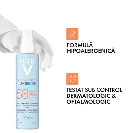 Spray hidratant pentru fata si corp cu protectie solara SPF 50 Capital Soleil UV Aqua, 200 ml, Vichy