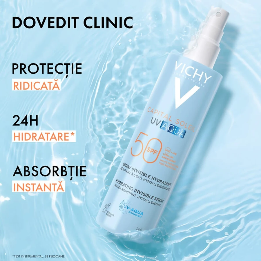 Spray hidratant pentru fata si corp cu protectie solara SPF 50 Capital Soleil UV Aqua, 200 ml, Vichy