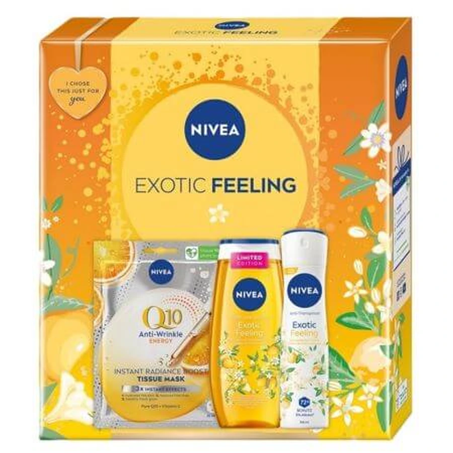 Set Q10 Energy maschera viso antirughe Q10 Energy 1 pezzo + Exoting Feeling gel doccia 250 ml + Exoting Feeling deodorante spray 150 ml, Nivea
