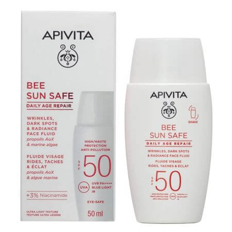 Bee Sun Safe fluido idratante antirughe con protezione solare SPF 50, 50 ml, Apivita