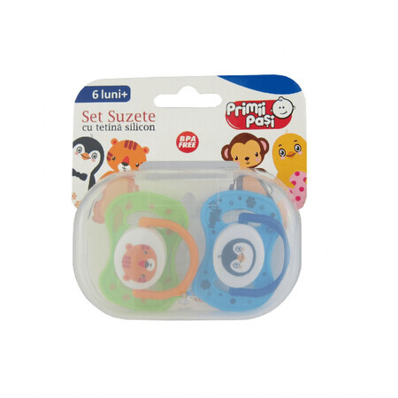 First Steps JP1103 - 2er-Set Silikon-Schnuller, Pinguin-Tiger und Affe-Huhn, 0-6L