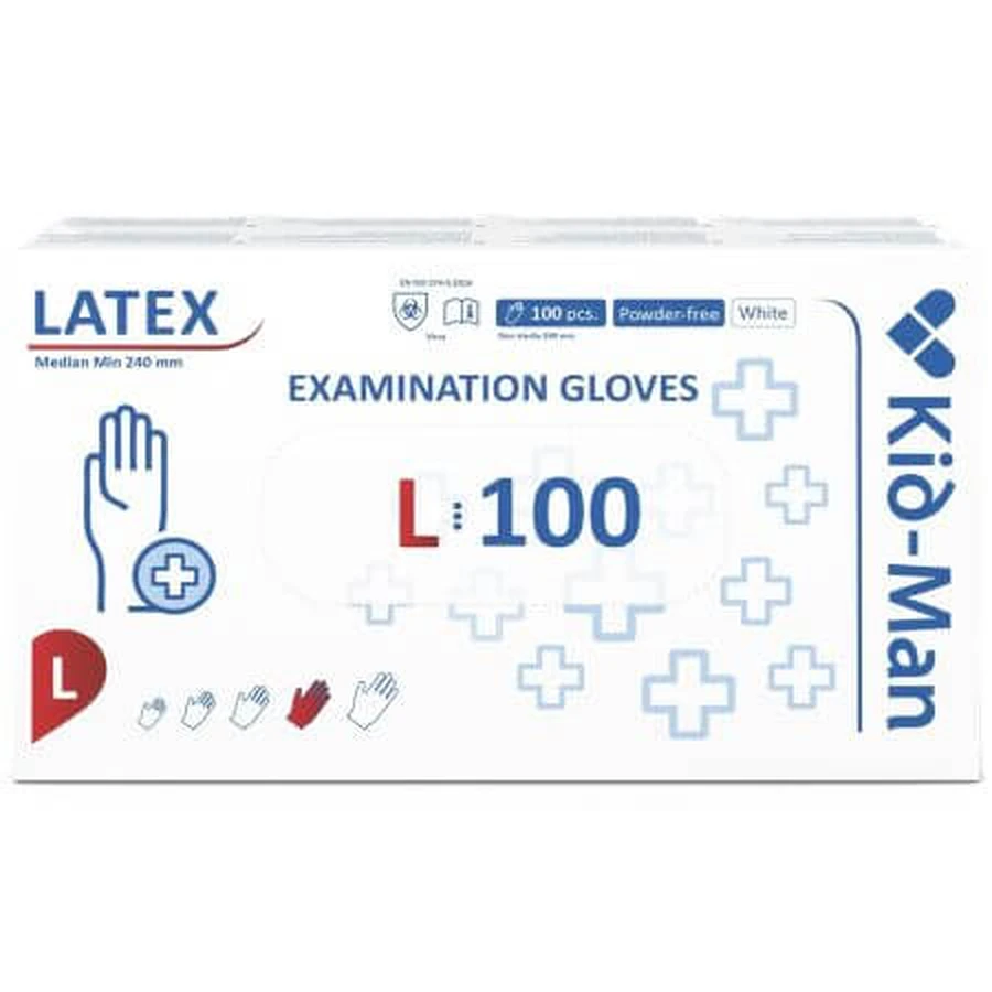 Disposable white latex gloves, size L, 100 pieces, Kid-Man