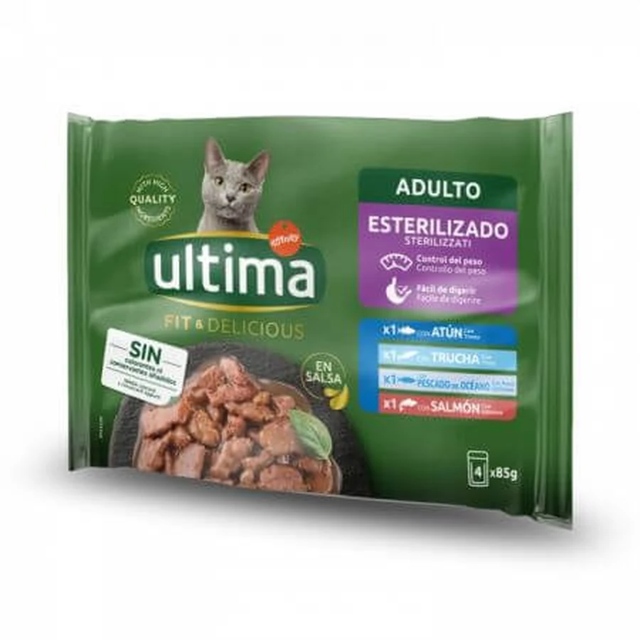 Mélange de nourriture humide avec 4 types de poissons pour chats stérilisés, 4x85 g, Ultima