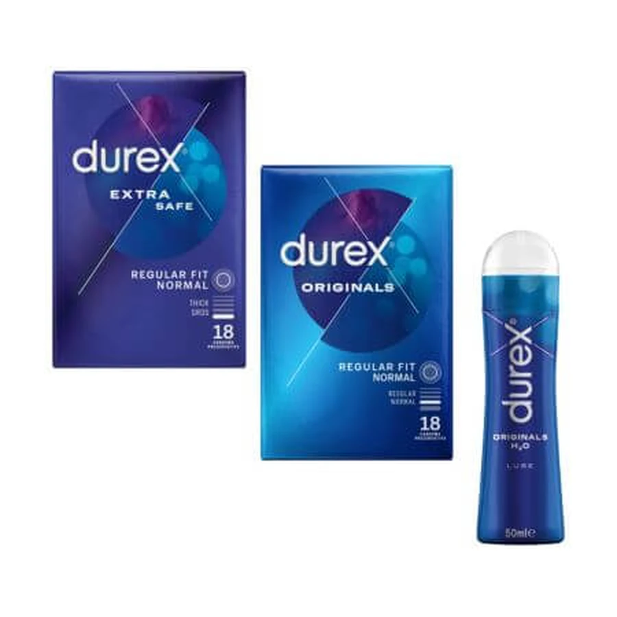 Verpakking Prezervative Extra Safe, 18 stuks + Prezervative Originals, 18 stuks + Glijmiddel Originals, 50 ml, Durex