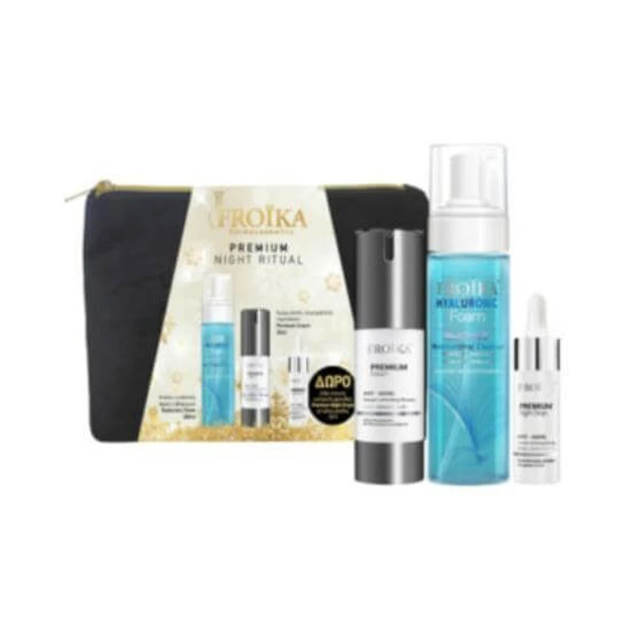 FROIKA Promo Premium Nachtritueel Gezichtscrème 30ml & Hyaluronschuimreiniging 200ml & Premium Nachtdruppels Intensieve Olie 10ml