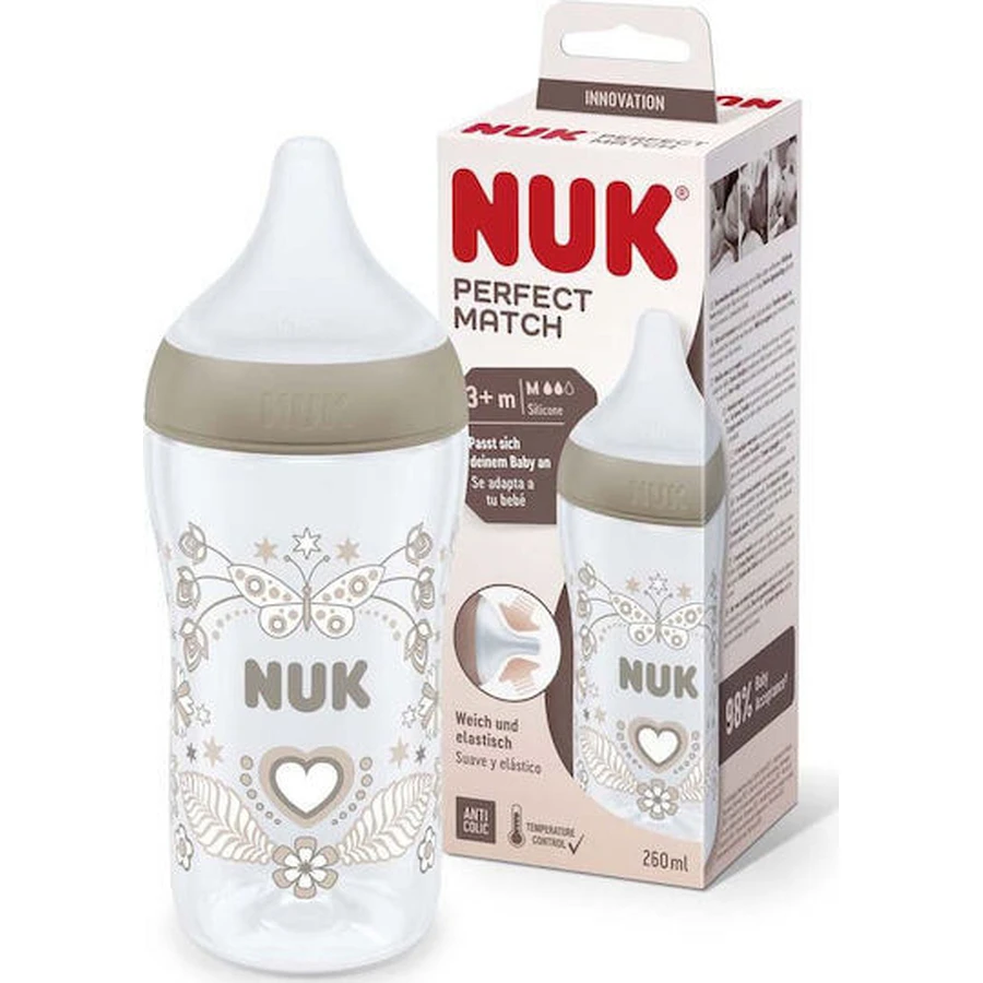 NUK Perfect Match Plastic Plastic Bottle With Soft Silicone Nipple Against Colic With Temperature Control For 3+ Months, 260ml