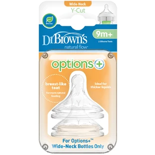 DR. BROWN'S Natural Flow Silicone Bottle Nipple Options+ cu gât lat Nivel Y-Cut 9+ luni 2 bucăți WN Y201