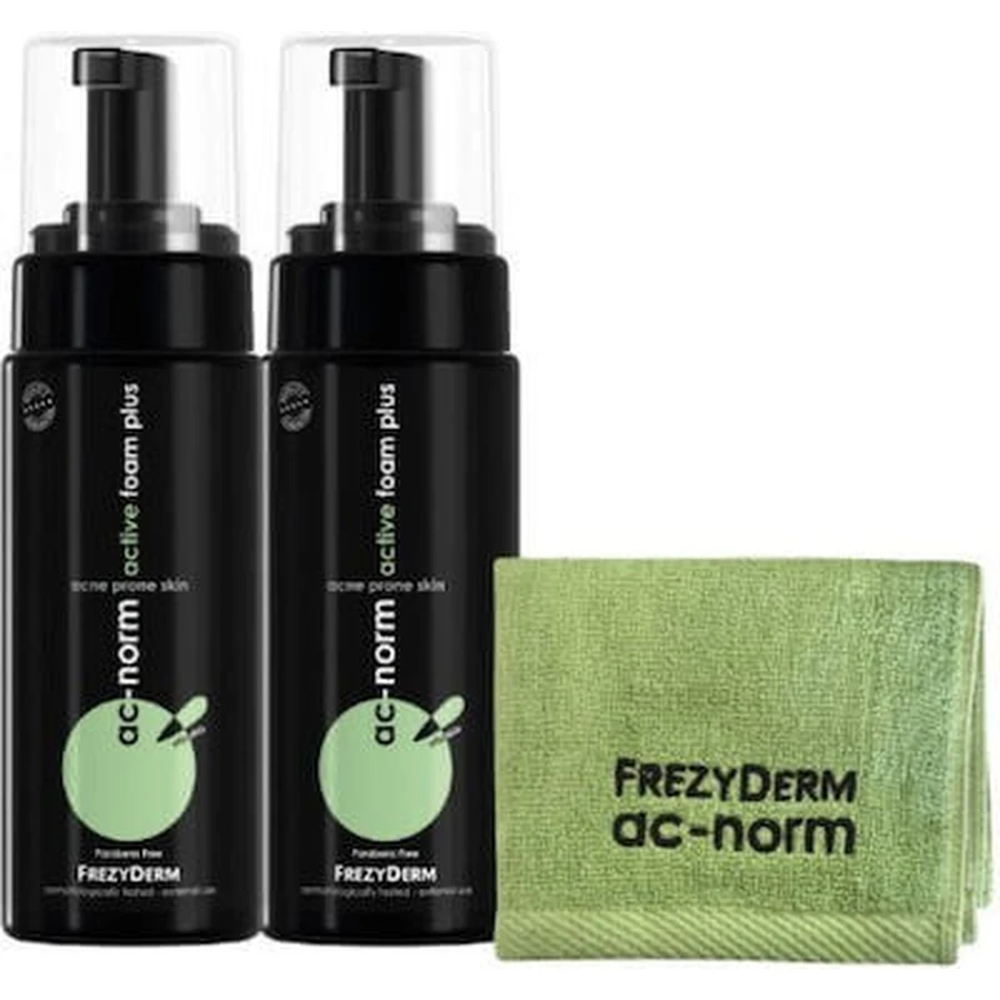 FREZYDERM AC Norm Actief Schuim Plus Gezichtsreinigingsschuim Voor Acne Huid 2x150ml GRATIS Antibacteriële Gezichtsdoek Groen