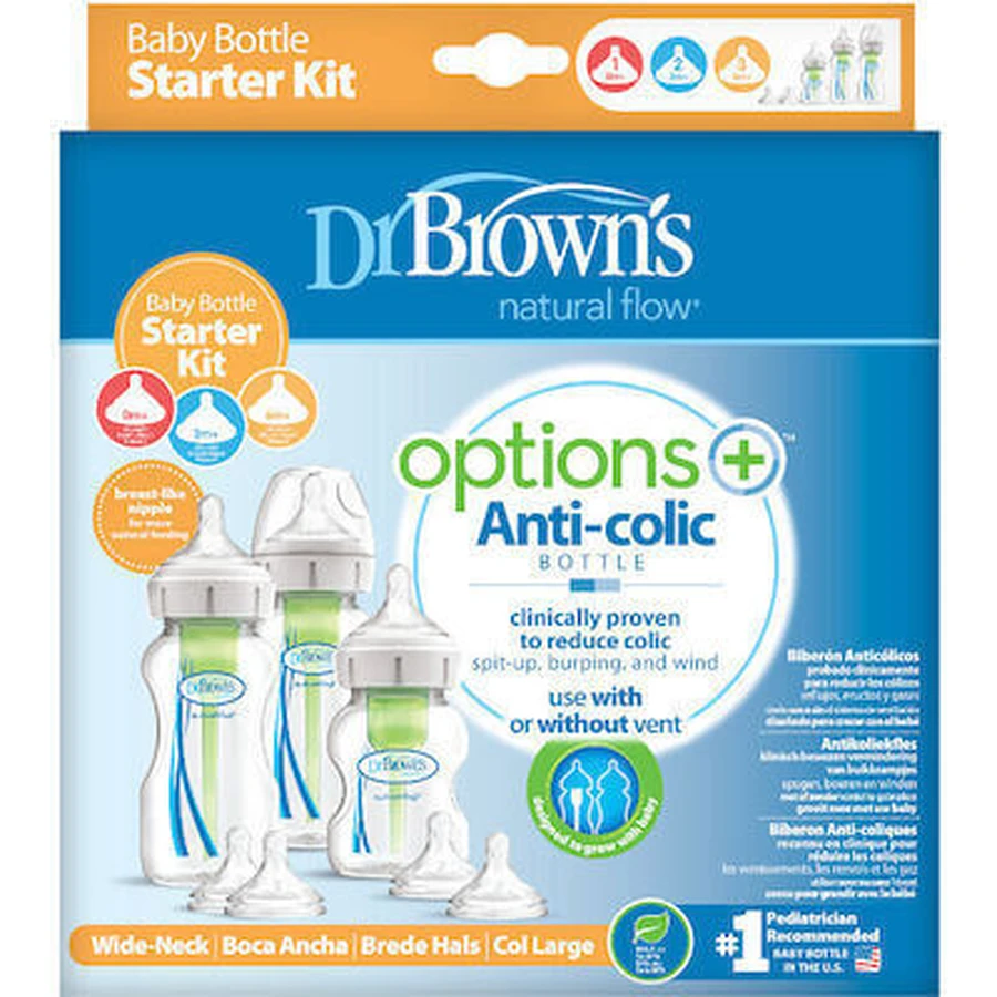 DR BROWN'S Set de 3 biberoane din plastic Options+ Anti-Colic Bottles cu tetină din silicon pentru 0+ luni 2x270ml & 1x150ml WB 03606