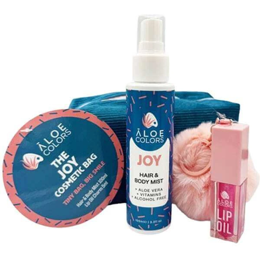 ALOE+COLORS Promo The Joy Bolsa de cosméticos Bruma para el cabello y el cuerpo, 100ml, Aceite de manos Charm, 5ml y Bolsa para el cuerpo