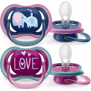 AVENT Ultra Air Pannolini ortodontici in silicone con astuccio per 18+ mesi 2 pezzi Blu-Viola [SCF349/22]
