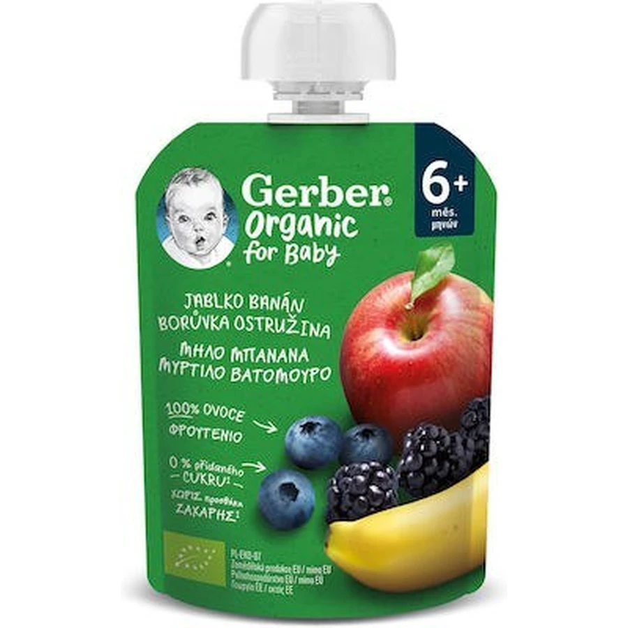GERBER Organic Fruit Purees Apple, Banana, Blueberry & Raspberry From 6 months 90g