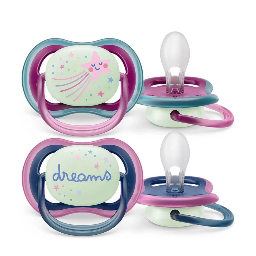 AVENT Ultra Air Nighttime Kieferorthopädischer Silikon-Nachtschnuller für 6-18 Monate 2 Stück Blau-Lila [SCF376/14]