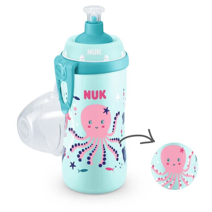 NUK First Choice Junior Cup Chameleon (Schimbă culoarea) Push-Pull Cup cu capac care schimbă culoarea de la 18 luni, 300 ml în diferite modele - albastru