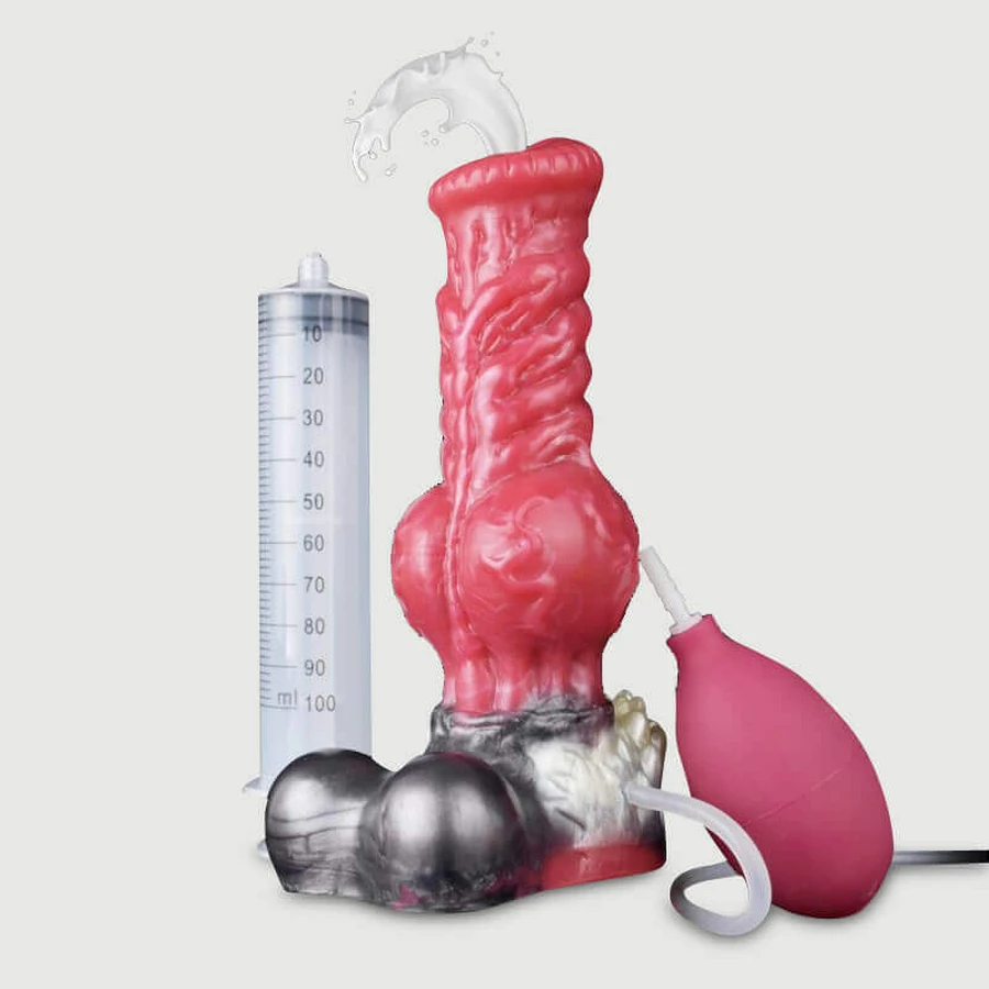 Der pelzige Silikon-Dildo mit Ejakulation & Saugnapf 21 x 7,5 cm - Rot