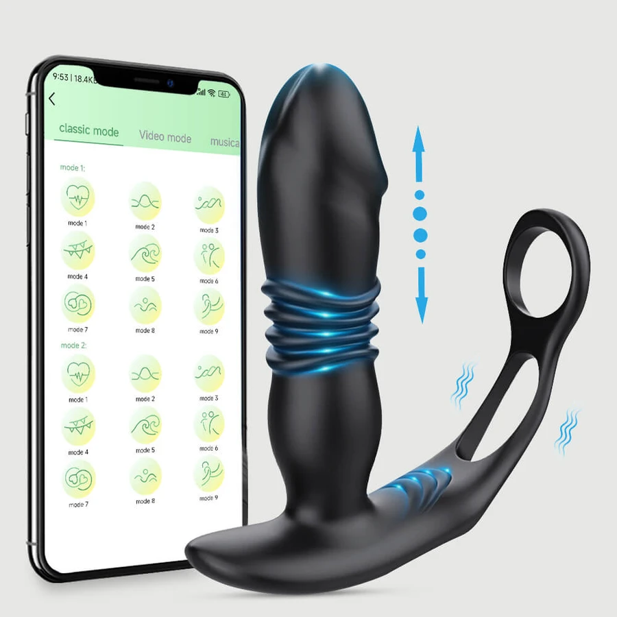 Vibrateur de prostate en silicone avec anneau de bite Merlin App Controlled Thrusting Prostate Vibrator with Cock Ring - Black