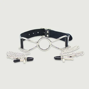 Bâillon à anneau en cuir avec pinces à mamelons - Noir