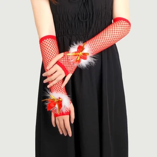 Sexy Bow Plush Decorațiuni de Crăciun Mănuși Fishnet - Roșu