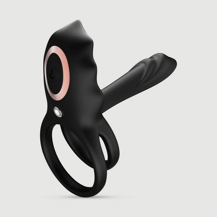 Inel dublu flexibil pentru penis din silicon cu stimulator clitoridian - negru
