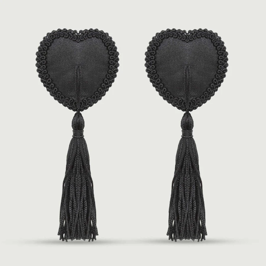 Nippelpasties in Herzform mit Quaste - Schwarz