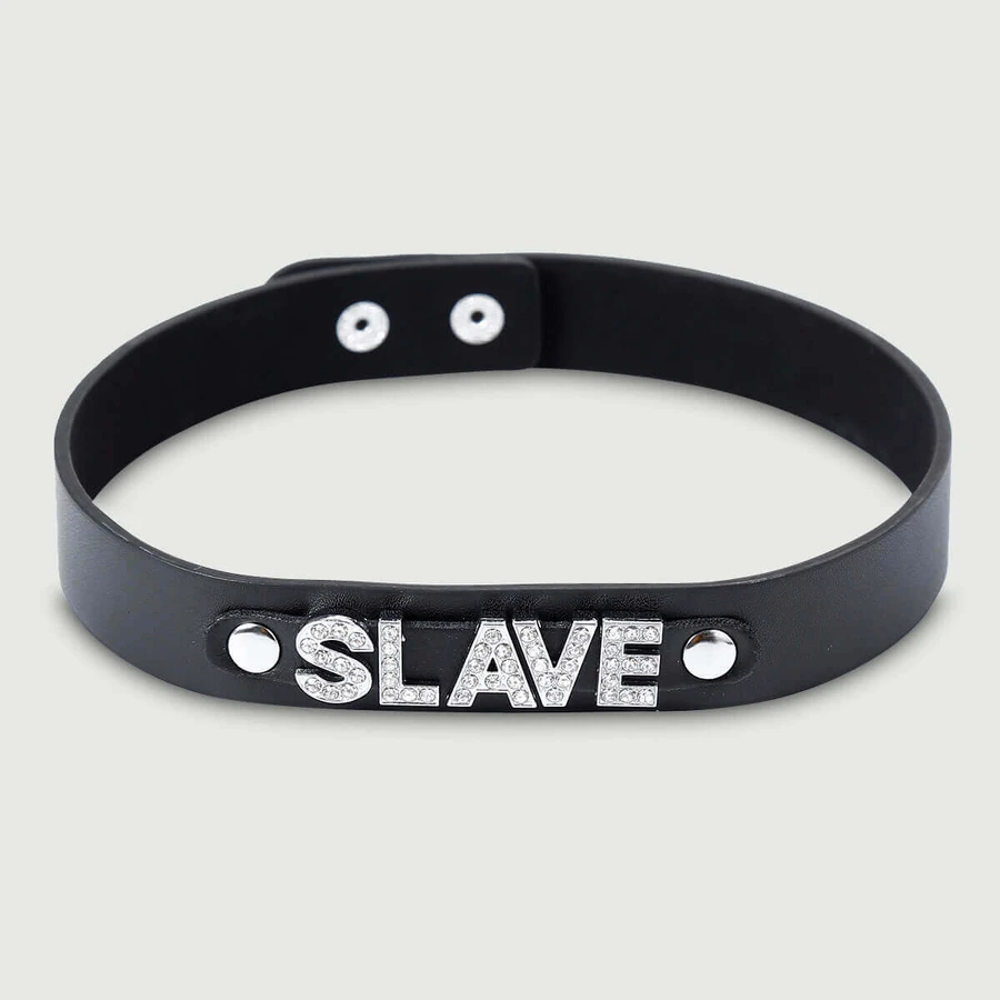 Girocollo in pelle con strass SLAVE - Nero