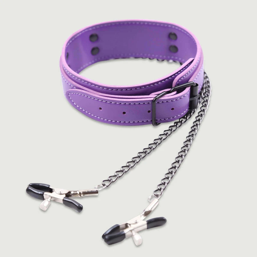 Leather Collar With Nipple Clamps & Chains - Purple