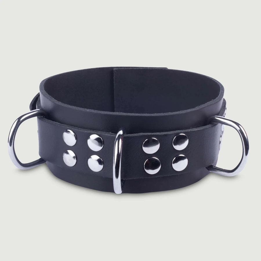 Collar de cuero negro con anillas