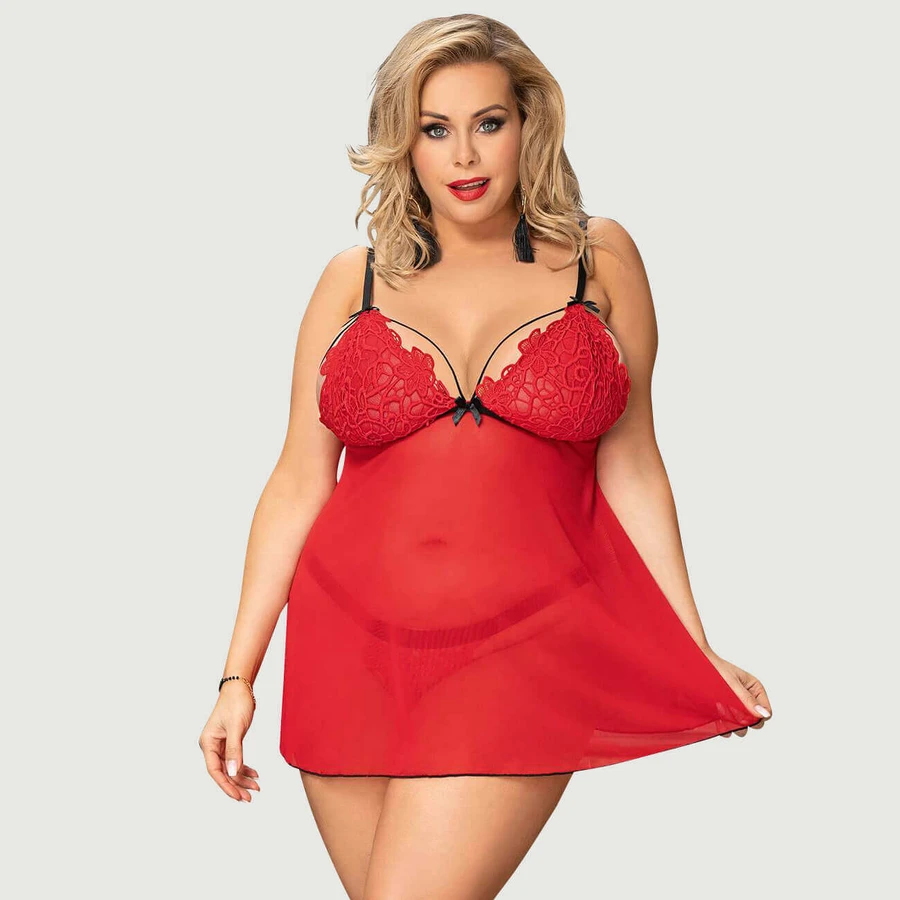 Conjunto de lencería y picardías de encaje con delicado bordado - Rojo - Large/X-Large