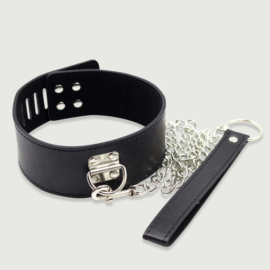 Collier en cuir avec cadenas, chaîne et laisse - noir