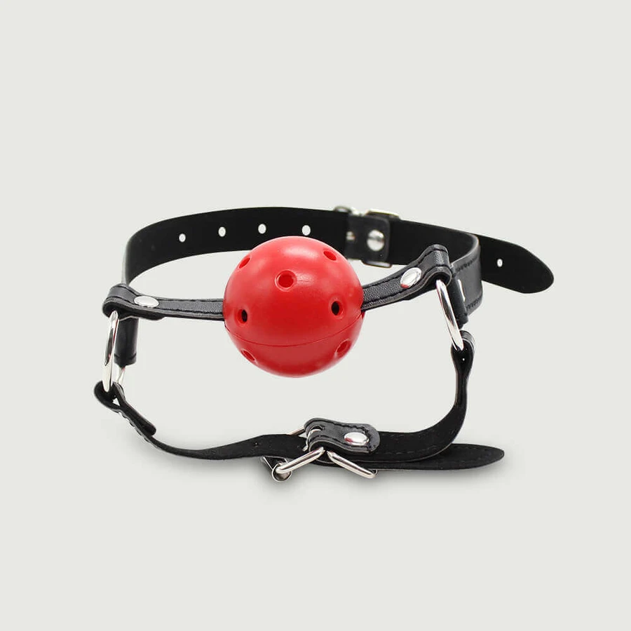 Leather Breathable Gag With Double Strap - Red