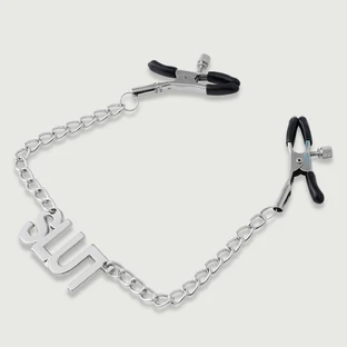 Pinzas para pezones con cadena y etiqueta SLUT - Plata