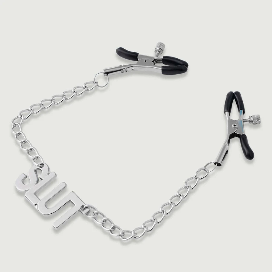 Nippelklammern mit Kette & SLUT Tag - Silber