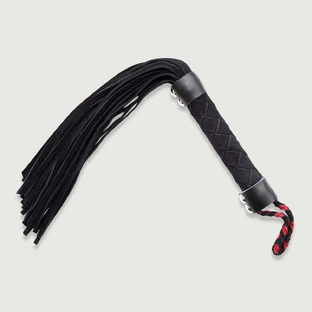 Flogger cu mâner împletit și șnururi din piele de căprioară - negru
