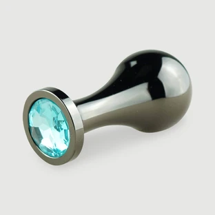 Anal Collection Large Tear Drop Metal Butt Plug with Round Jewel - Black/Light Blue