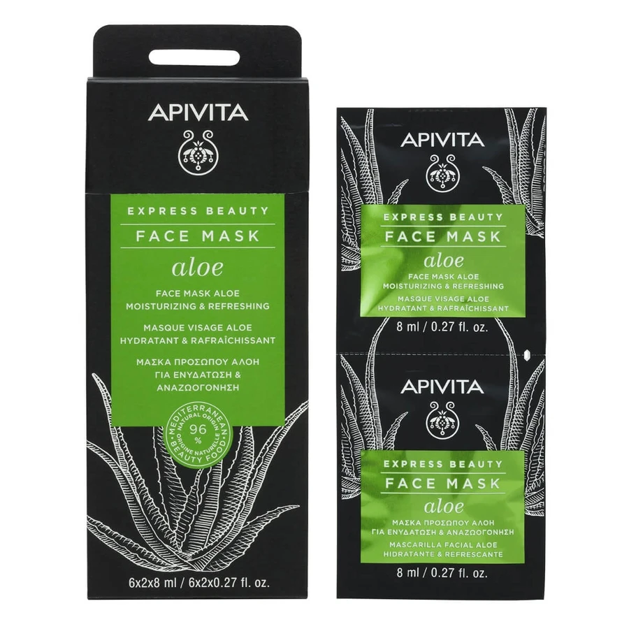 Apivita | Belleza Exprés | Mascarilla Facial con Aloe Vera para Hidratación y Rejuvenecimiento | 2x8ml