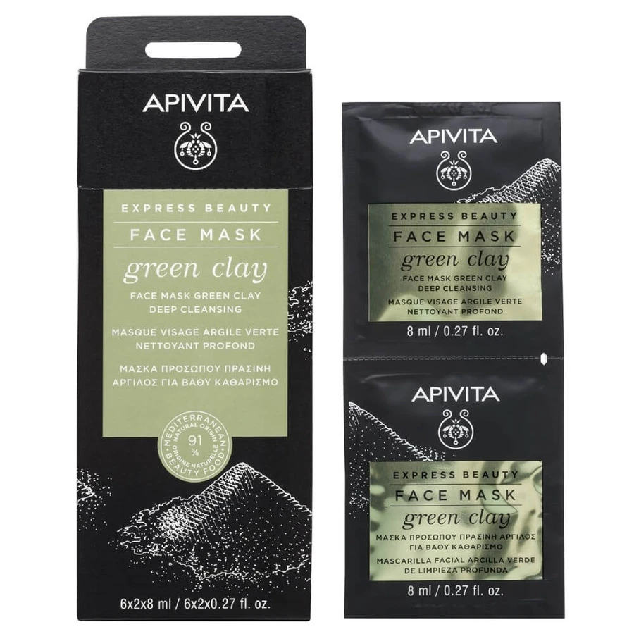 Apivita | Express Beauty | Mască de față cu argilă verde pentru curățare profundă | 2x8ml