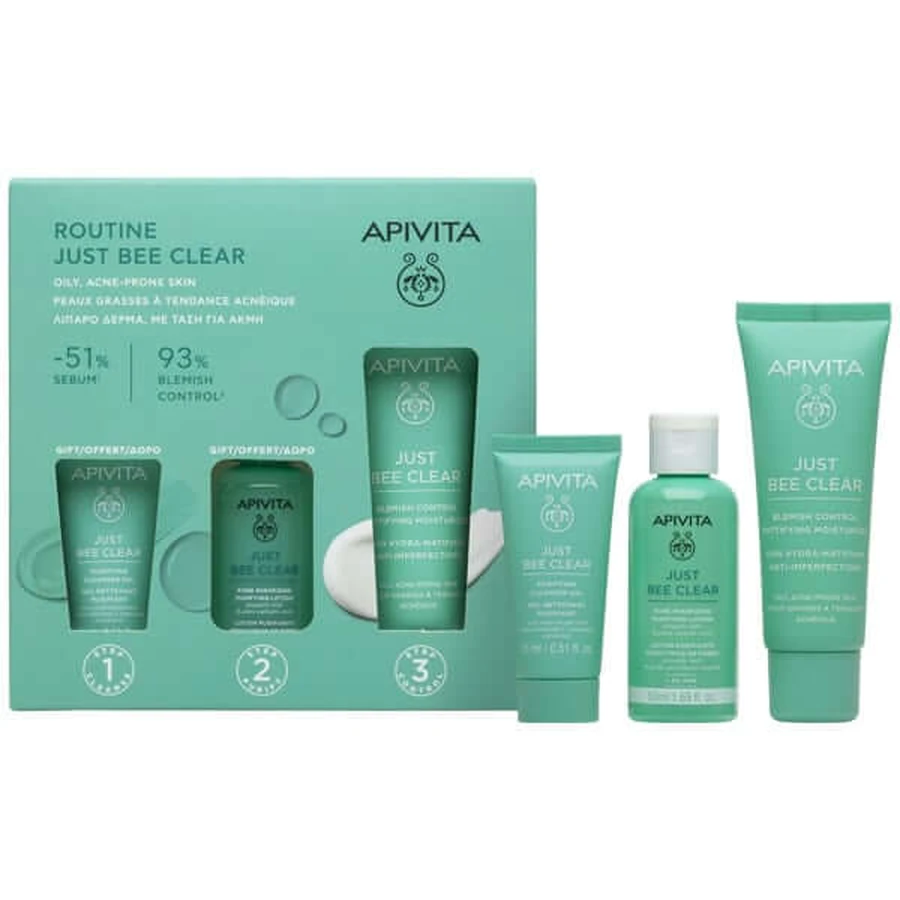 Apivita | Promo Routine Just Bee Clear Cream contre les imperfections, 40ml & ; GIFT Just Bee Clear Pore Tightening Lotion, 50ml & ; Facial Cleansing Gel, 15ml | 1set